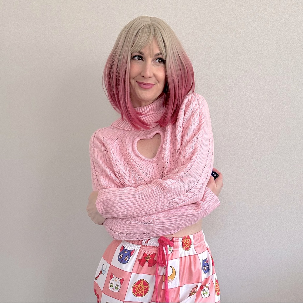 Sweet Society Pastel Pink Cable Knit Heart Girls Turtleneck Sweater small